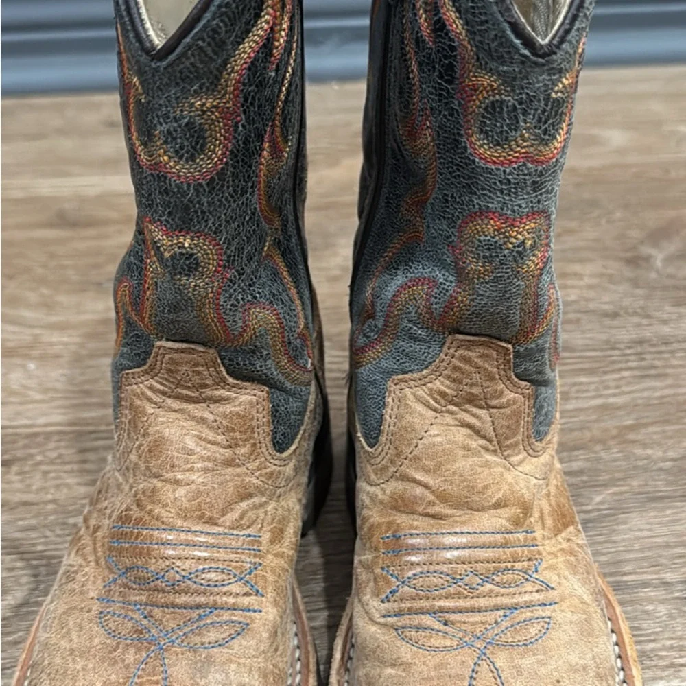 Old West Kids Brown and Black Flame Embroidered Cowboy Boots